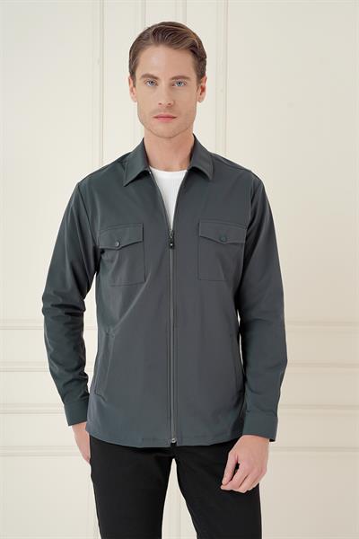 Önden Fermuarlı Yan Cepli Esnek Pamuk Yeşil Ceket Gömlek G 1582