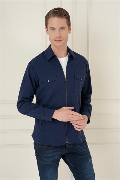 Önden Fermuarlı Yan Cepli Esnek Pamuk Lacivert Ceket Gömlek G 1582