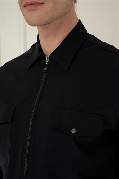 Önden Fermuarlı Yan Cepli Esnek Pamuk Siyah Ceket Gömlek G 1582