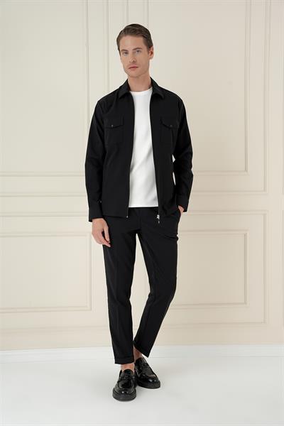 Önden Fermuarlı Yan Cepli Esnek Pamuk Siyah Ceket Gömlek G 1582