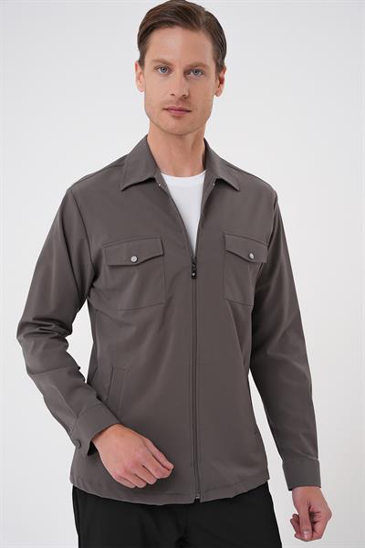 Önden Fermuarlı Yan Cepli Esnek Pamuk Koyu Haki Gömlek Ceket G 1582