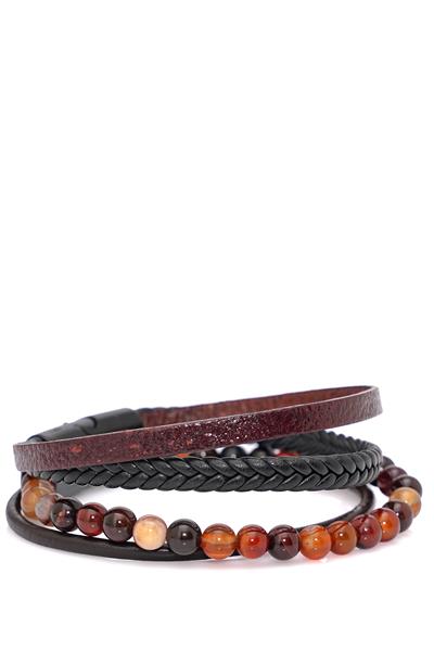 Örgü Deri ve Taş Modelli Akik Bileklik 087