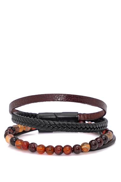 Örgü Deri ve Taş Modelli Akik Bileklik 087