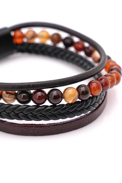 Örgü Deri ve Taş Modelli Akik Bileklik 087