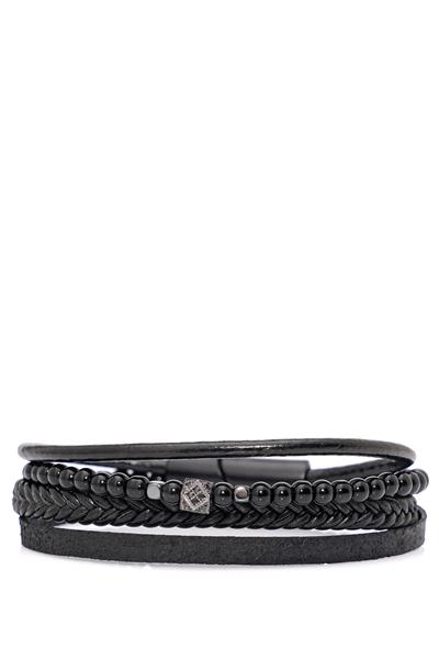 Örgü Deri ve Taş Modelli Siyah Bileklik 092