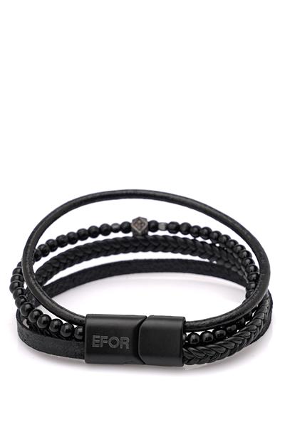 Örgü Deri ve Taş Modelli Siyah Bileklik 092