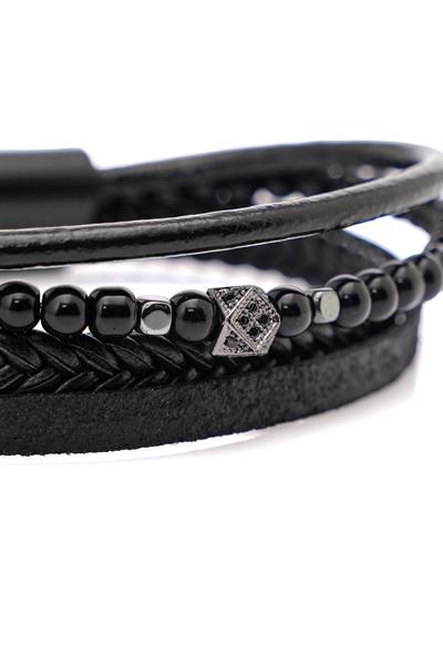 Örgü Deri ve Taş Modelli Siyah Bileklik 092