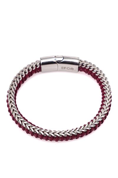 Örgü Modelli Deri Çelik Bordo Bileklik 086 