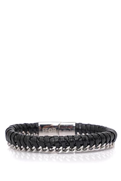 Örgü Modelli Deri Çelik Siyah Bileklik 086