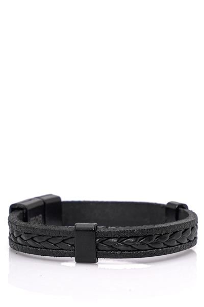 Örgü Modelli Deri Siyah Bileklik 093