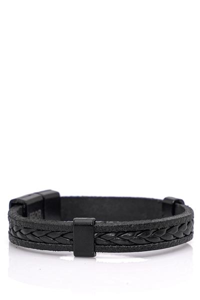Örgü Modelli Deri Siyah Bileklik 093