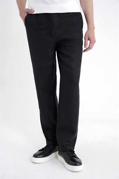 Oversize Kalıp Yan Cep Beli Lastikli Siyah Keten Pantolon P 1216