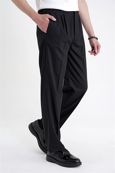 Oversize Kalıp Yan Cep Esnek Pamuklu Çift Pileli Siyah Pantolon P 1213