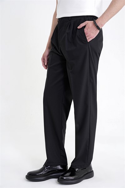 Oversize Kalıp Yan Cep Esnek Pamuklu Çift Pileli Siyah Pantolon P 1213