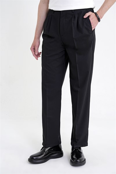 Oversize Kalıp Yan Cep Esnek Pamuklu Çift Pileli Siyah Pantolon P 1213