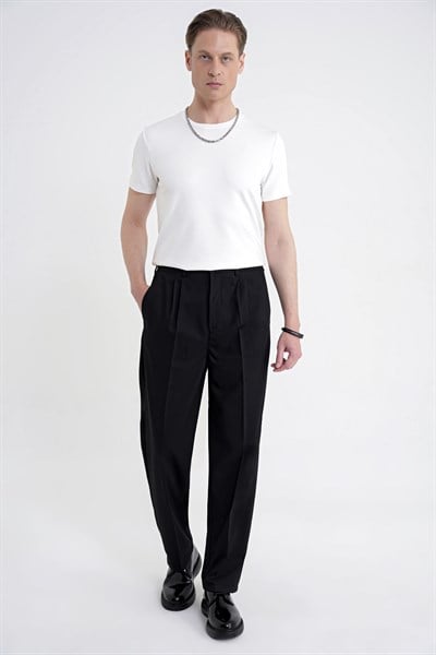 Oversize Kalıp Yan Cep Esnek Pamuklu Çift Pileli Siyah Pantolon P 1213