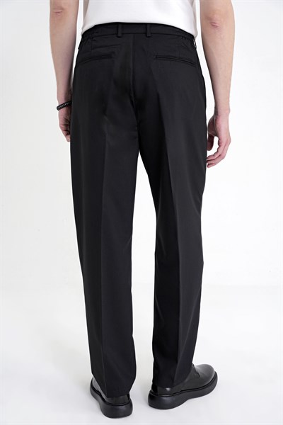 Oversize Kalıp Yan Cep Esnek Pamuklu Çift Pileli Siyah Pantolon P 1213