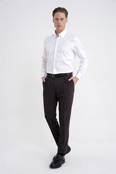 Comfort Fit Yan Cep Esnek Pamuklu Gabardin Tek Pileli Kahverengi Pantolon P 1211