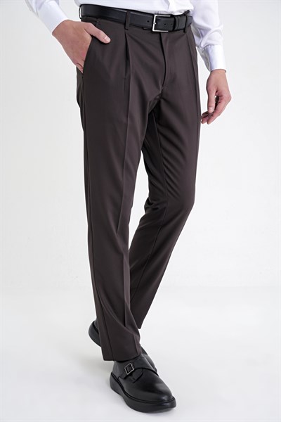 Comfort Fit Yan Cep Esnek Pamuklu Gabardin Tek Pileli Kahverengi Pantolon P 1211