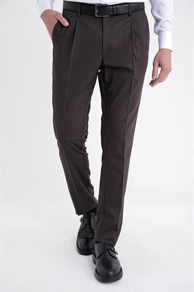 Comfort Fit Yan Cep Esnek Pamuklu Gabardin Tek Pileli Kahverengi Pantolon P 1211
