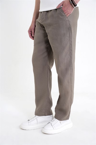 Oversize Kalıp Yan Cep Beli Lastikli Haki Keten Pantolon P 1216
