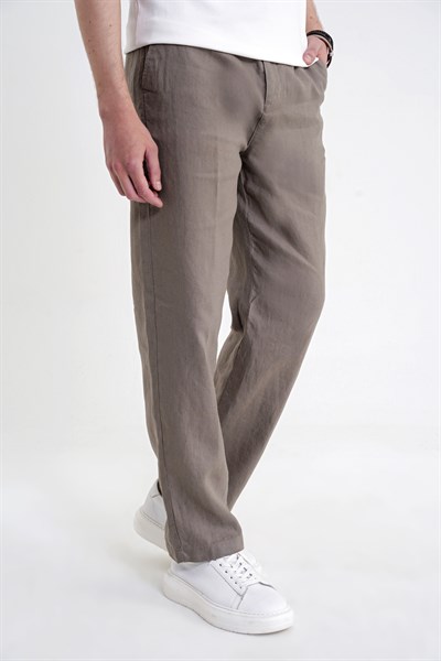 Oversize Kalıp Yan Cep Beli Lastikli Haki Keten Pantolon P 1216