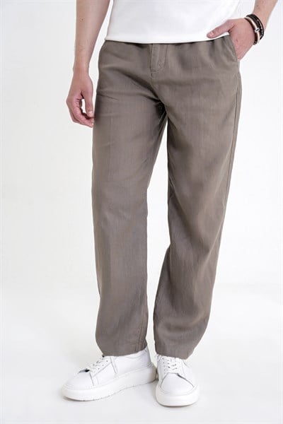 Oversize Kalıp Yan Cep Beli Lastikli Haki Keten Pantolon P 1216