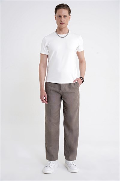 Oversize Kalıp Yan Cep Beli Lastikli Haki Keten Pantolon P 1216