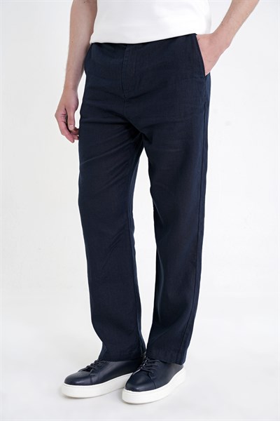 Oversize Kalıp Yan Cep Beli Lastikli Lacivert Keten Pantolon P 1216