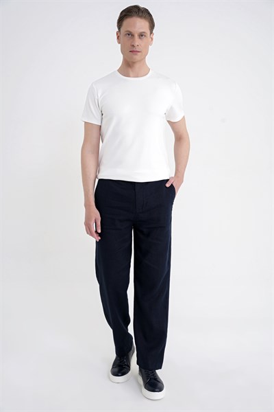 Oversize Kalıp Yan Cep Beli Lastikli Lacivert Keten Pantolon P 1216