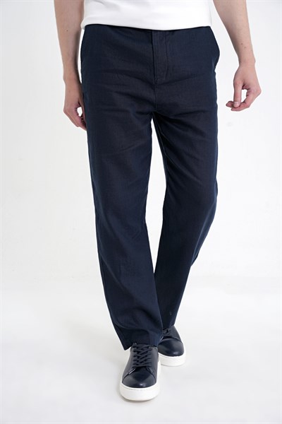 Oversize Kalıp Yan Cep Beli Lastikli Lacivert Keten Pantolon P 1216