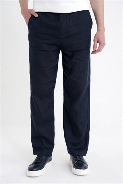 Oversize Kalıp Yan Cep Beli Lastikli Lacivert Keten Pantolon P 1216