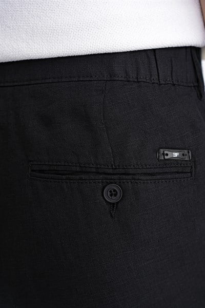 Oversize Kalıp Yan Cep Beli Lastikli Siyah Keten Pantolon P 1216