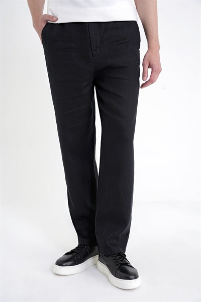 Oversize Kalıp Yan Cep Beli Lastikli Siyah Keten Pantolon P 1216