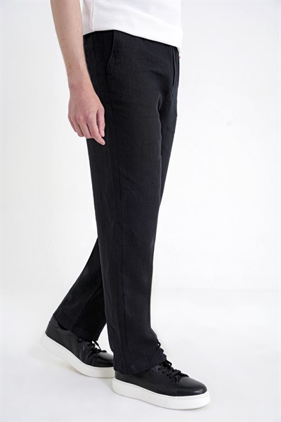 Oversize Kalıp Yan Cep Beli Lastikli Siyah Keten Pantolon P 1216
