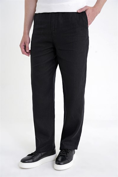 Oversize Kalıp Yan Cep Beli Lastikli Siyah Keten Pantolon P 1216