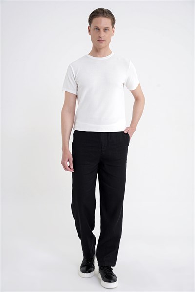 Oversize Kalıp Yan Cep Beli Lastikli Siyah Keten Pantolon P 1216