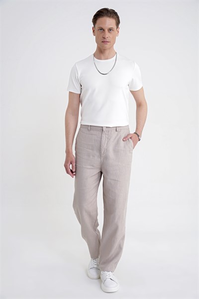 Oversize Kalıp Yan Cep Beli Lastikli Taş Keten Pantolon P 1216