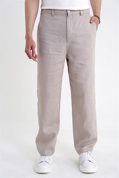 Oversize Kalıp Yan Cep Beli Lastikli Taş Keten Pantolon P 1216