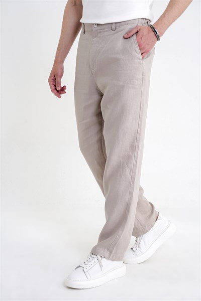 Oversize Kalıp Yan Cep Beli Lastikli Taş Keten Pantolon P 1216