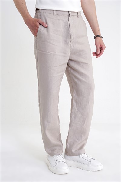 Oversize Kalıp Yan Cep Beli Lastikli Taş Keten Pantolon P 1216