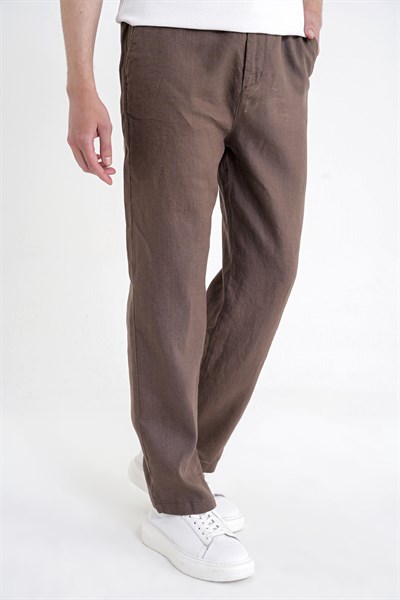 Oversize Kalıp Yan Cep Beli Lastikli Vizon Keten Pantolon P 1216