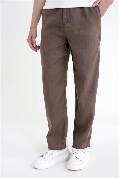 Oversize Kalıp Yan Cep Beli Lastikli Vizon Keten Pantolon P 1216