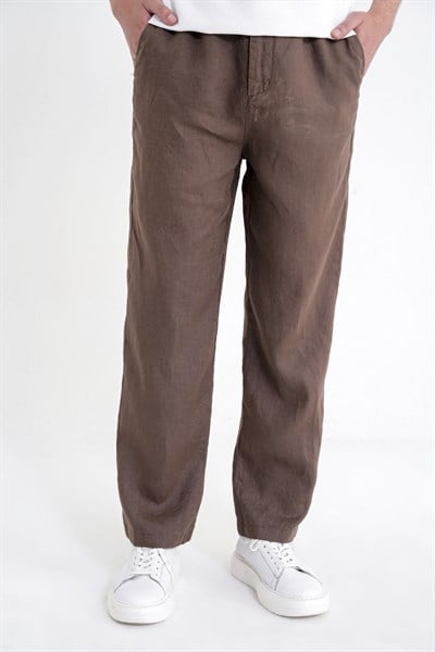 Oversize Kalıp Yan Cep Beli Lastikli Vizon Keten Pantolon P 1216