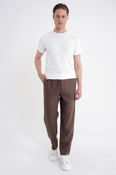 Oversize Kalıp Yan Cep Beli Lastikli Vizon Keten Pantolon P 1216