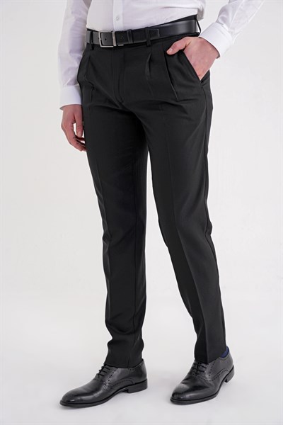Regular Fit Çift Pileli Esnek Yünlü Düz Siyah Pantolon P 1209