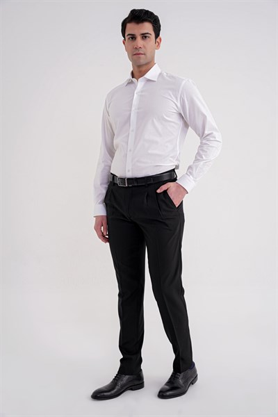 Regular Fit Çift Pileli Esnek Yünlü Düz Siyah Pantolon P 1209