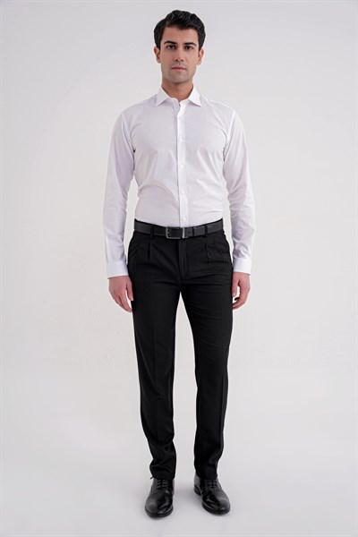 Regular Fit Çift Pileli Esnek Yünlü Düz Siyah Pantolon P 1209