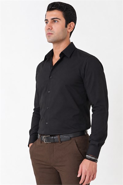 Siyah %100 Pamuklu Nefes Alabilir Kolay Ütülenebilir Uzun Kollu Slim Fit Gömlek GK 766