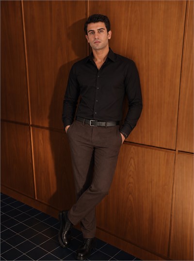 Siyah %100 Pamuklu Nefes Alabilir Kolay Ütülenebilir Uzun Kollu Slim Fit Gömlek GK 766